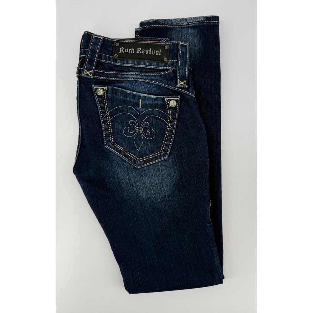 Rock Revival Jeans Womens 27 Blue Adele Skinny Dark Wash Embroidered Denim Pants - Picture 1 of 12